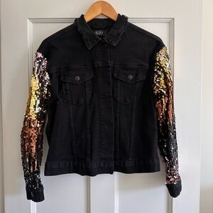 AKIRA Black Denim Jacket with Multicolor Sequin Sleeves
